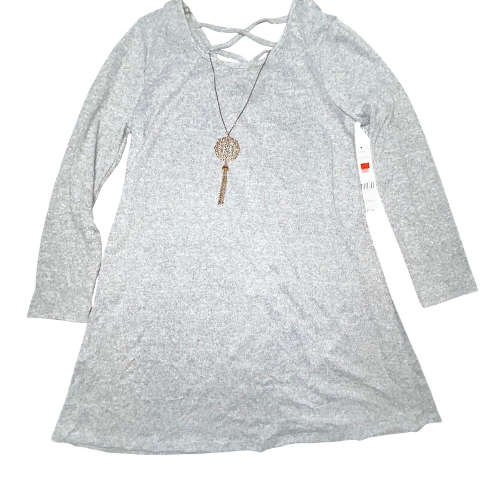 Just Be Hacci Swing Dress Large Grey Long Sleeve Crisscross Back with Necklace
